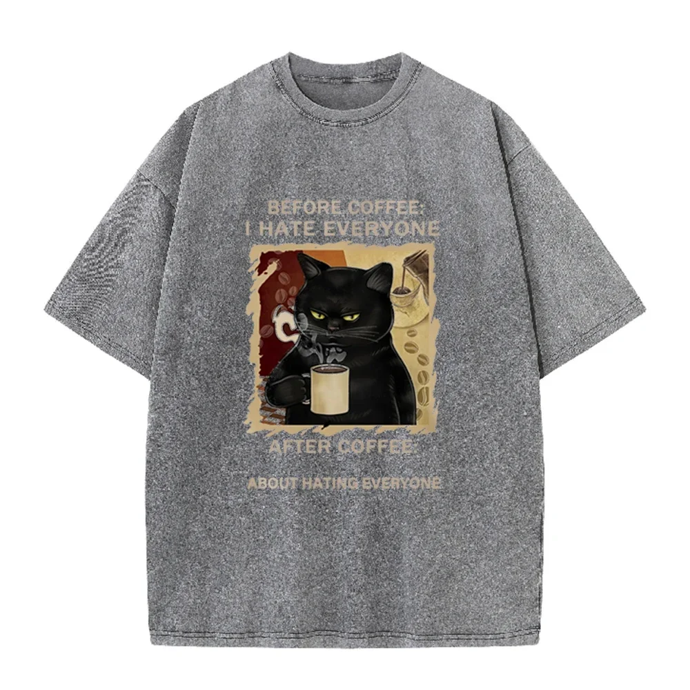 Cats Love To Drink Coffee Print Men Washed T-Shirt Casual Loose T Shirts Summer Cotton Streetwear Soft Breathable Short Sleeve