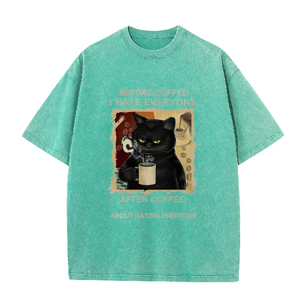 Cats Love To Drink Coffee Print Men Washed T-Shirt Casual Loose T Shirts Summer Cotton Streetwear Soft Breathable Short Sleeve