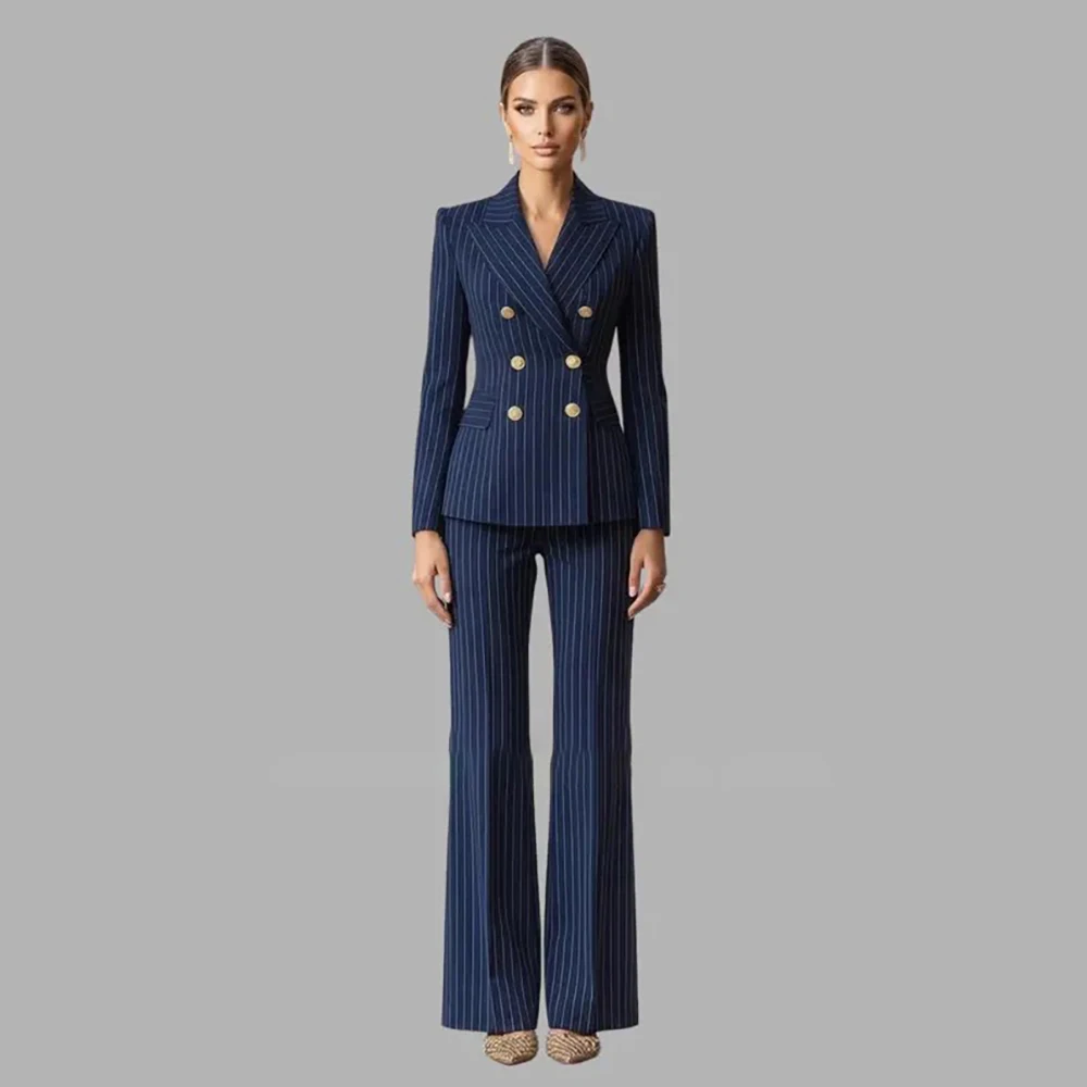 Blue Stripe Women's Suits Tailor-Made Double Breasted Peak Lapel Slim Fit 2 Piece Jacet Pants Sets Formal Office Lady Blazer