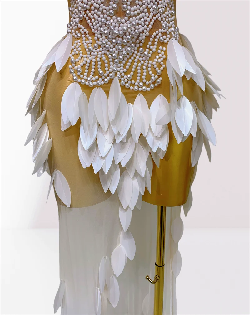 White Acrylic Feathers Mesh Sheer Strapless Long Dress Woman Birthday Party Wedding Party Dress Stage Performance Costume