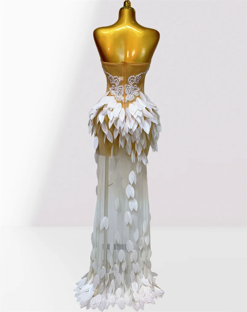 White Acrylic Feathers Mesh Sheer Strapless Long Dress Woman Birthday Party Wedding Party Dress Stage Performance Costume