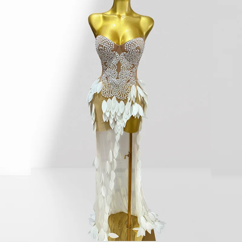 White Acrylic Feathers Mesh Sheer Strapless Long Dress Woman Birthday Party Wedding Party Dress Stage Performance Costume