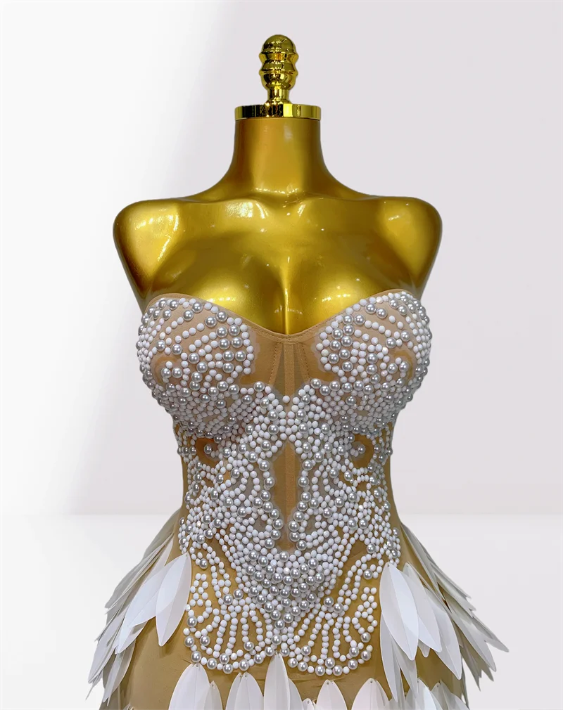 White Acrylic Feathers Mesh Sheer Strapless Long Dress Woman Birthday Party Wedding Party Dress Stage Performance Costume