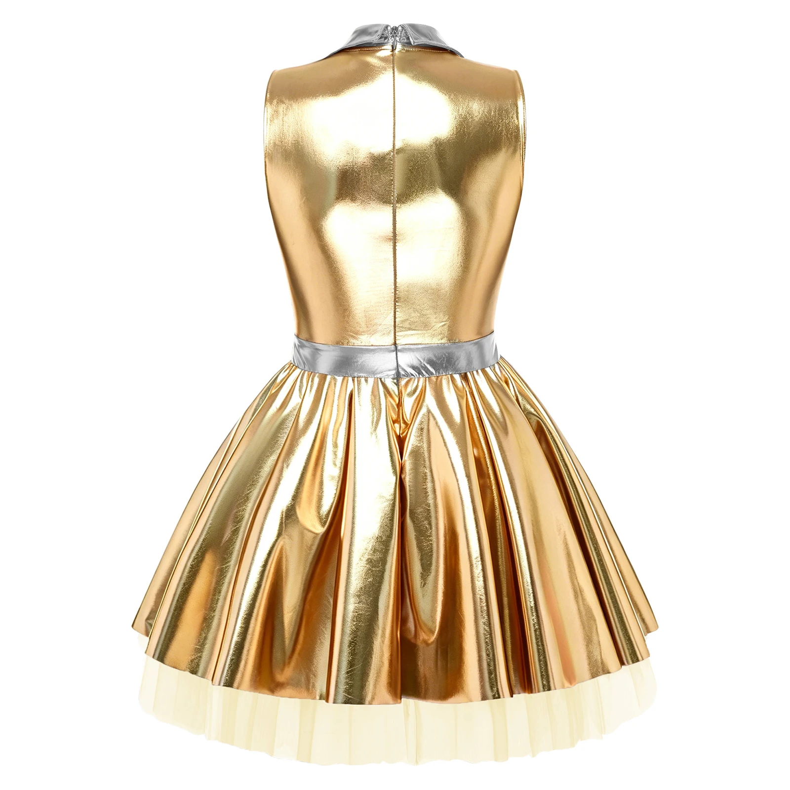 Womens Adult Metallic Shiny Disco Bar Tutu Dress Lapel V Neck Sleeveless A-line Hem with Tulle Layers Retro Pleated Mini Dress