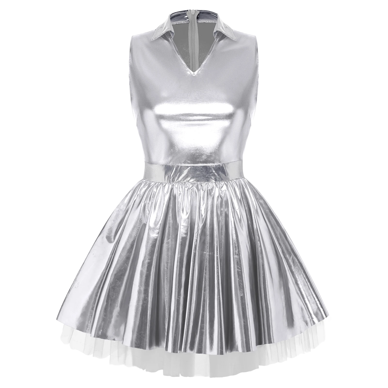 Womens Adult Metallic Shiny Disco Bar Tutu Dress Lapel V Neck Sleeveless A-line Hem with Tulle Layers Retro Pleated Mini Dress