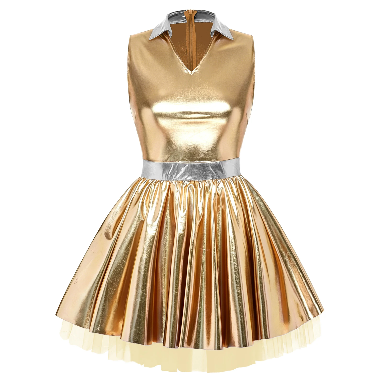 Womens Adult Metallic Shiny Disco Bar Tutu Dress Lapel V Neck Sleeveless A-line Hem with Tulle Layers Retro Pleated Mini Dress