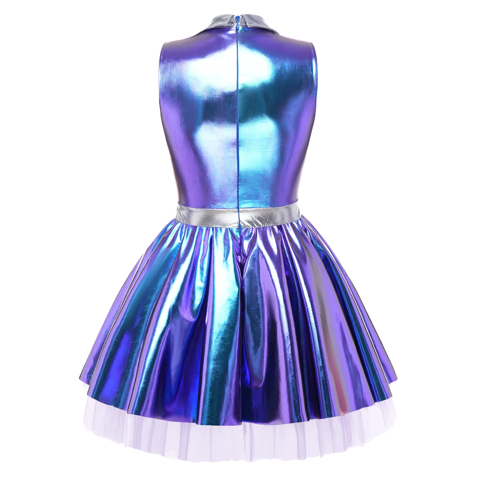 Womens Adult Metallic Shiny Disco Bar Tutu Dress Lapel V Neck Sleeveless A-line Hem with Tulle Layers Retro Pleated Mini Dress