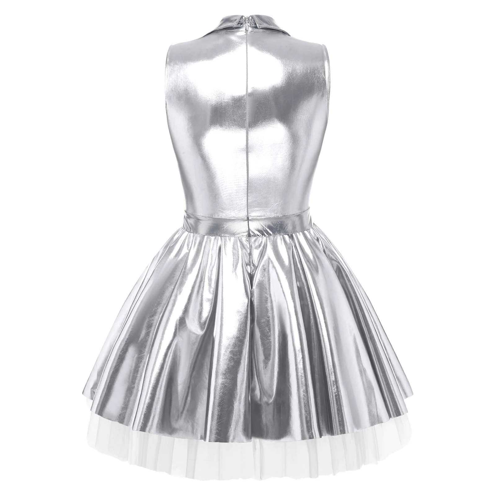 Womens Adult Metallic Shiny Disco Bar Tutu Dress Lapel V Neck Sleeveless A-line Hem with Tulle Layers Retro Pleated Mini Dress