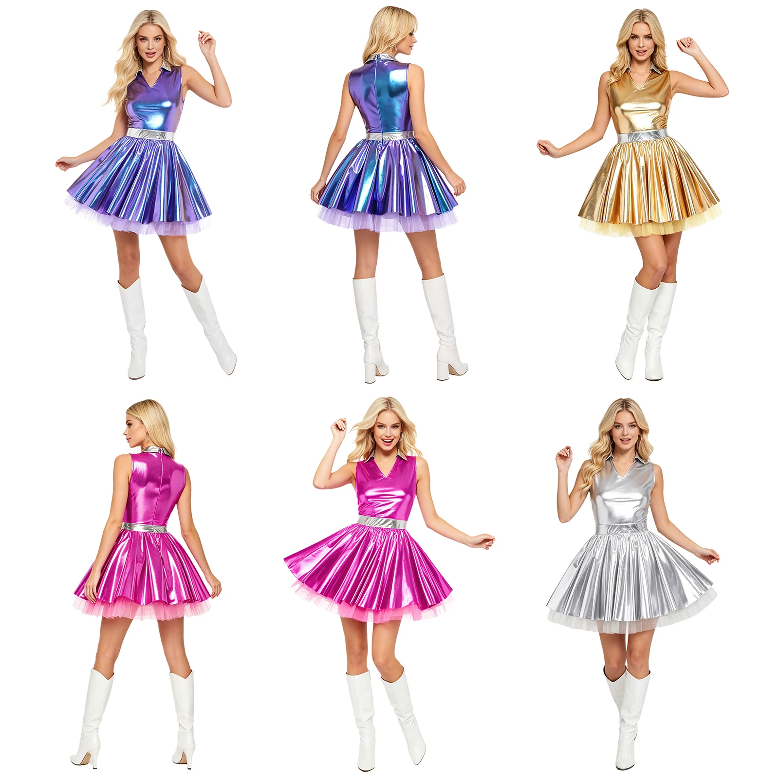 Womens Adult Metallic Shiny Disco Bar Tutu Dress Lapel V Neck Sleeveless A-line Hem with Tulle Layers Retro Pleated Mini Dress