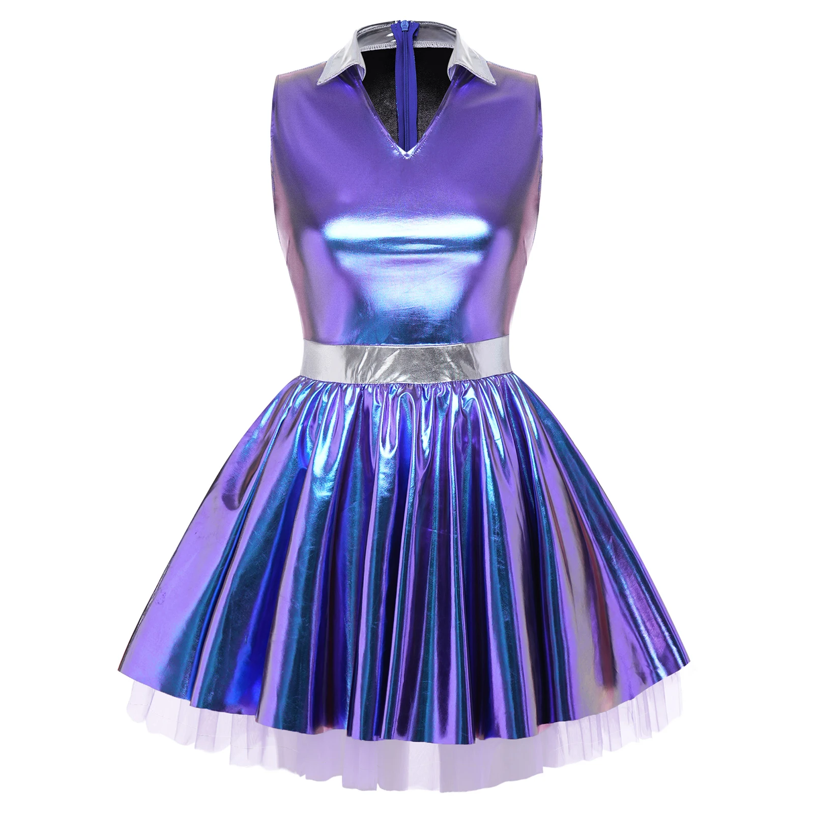 Womens Adult Metallic Shiny Disco Bar Tutu Dress Lapel V Neck Sleeveless A-line Hem with Tulle Layers Retro Pleated Mini Dress