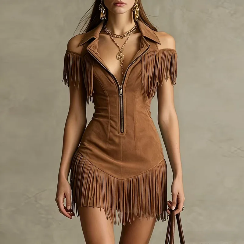 Woman Sexy Front Zipper Turn-down Collar Mini Dress Spring Hollow Off Shoulder Tassel Party Dress New Summer Suede Bodycon Dress