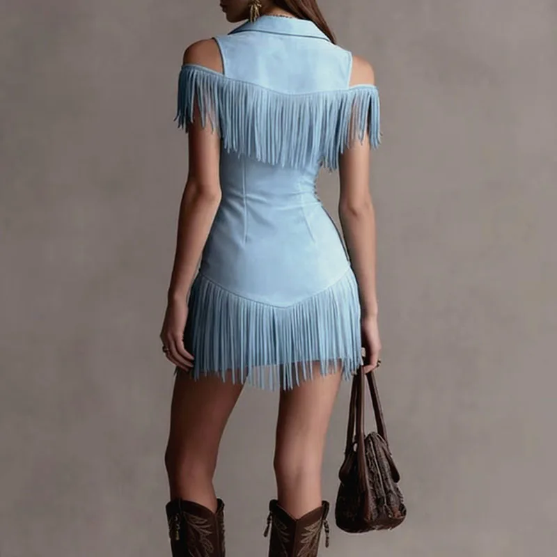 Woman Sexy Front Zipper Turn-down Collar Mini Dress Spring Hollow Off Shoulder Tassel Party Dress New Summer Suede Bodycon Dress