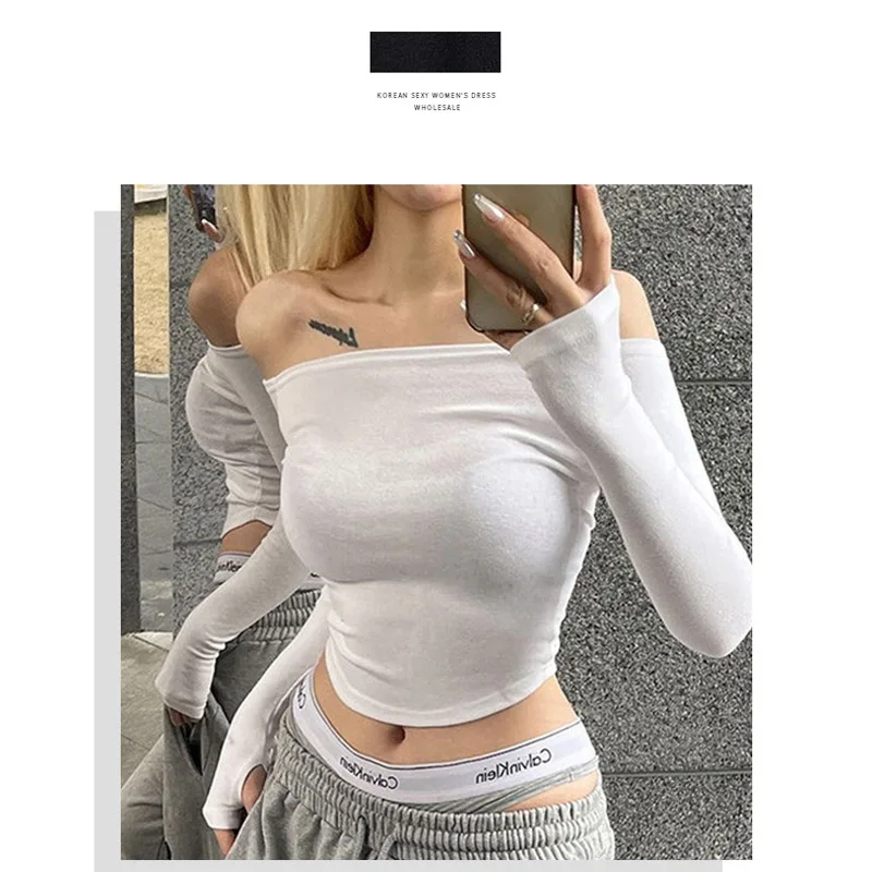 Women's Slim Fit Long Sleeve T-Shirt Cotton Crop Top Black White Slash Neck Tee Shirt Sexy Femme 2026