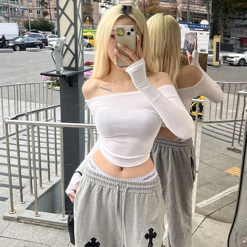Women's Slim Fit Long Sleeve T-Shirt Cotton Crop Top Black White Slash Neck Tee Shirt Sexy Femme 2026