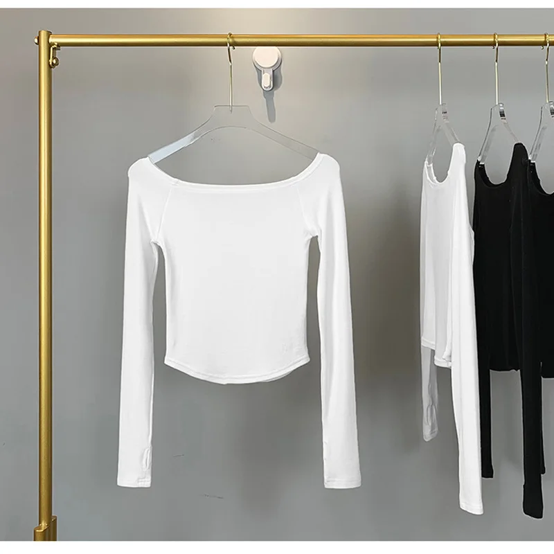 Women's Slim Fit Long Sleeve T-Shirt Cotton Crop Top Black White Slash Neck Tee Shirt Sexy Femme 2026