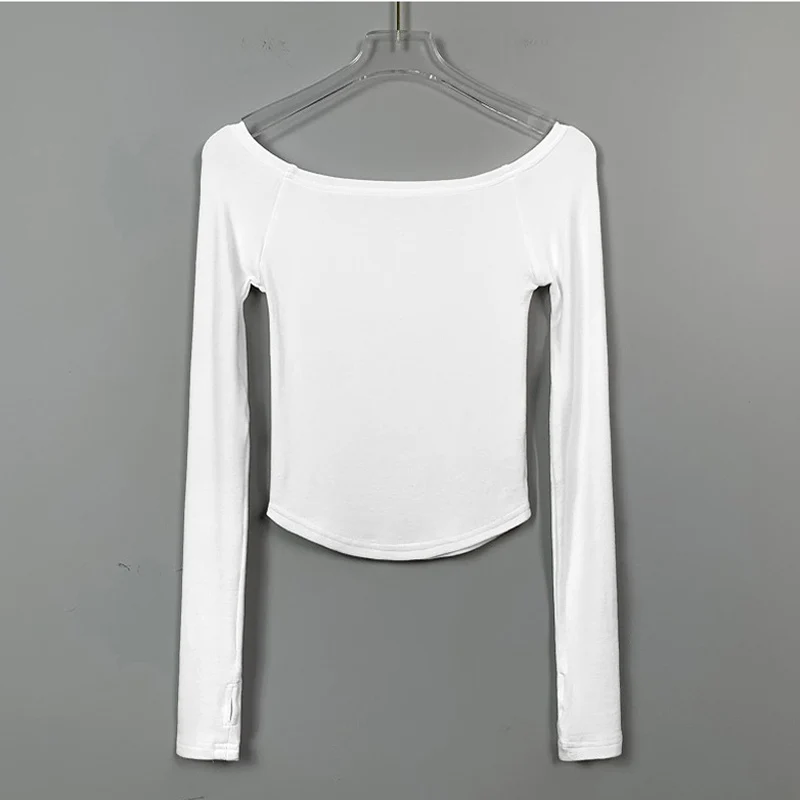 Women's Slim Fit Long Sleeve T-Shirt Cotton Crop Top Black White Slash Neck Tee Shirt Sexy Femme 2026