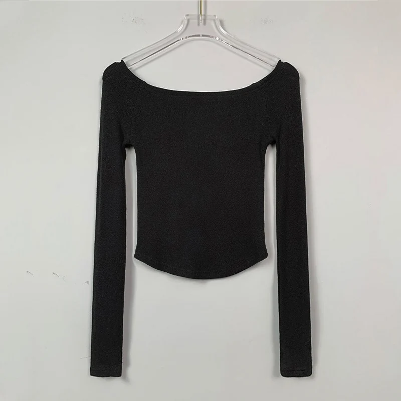 Women's Slim Fit Long Sleeve T-Shirt Cotton Crop Top Black White Slash Neck Tee Shirt Sexy Femme 2026