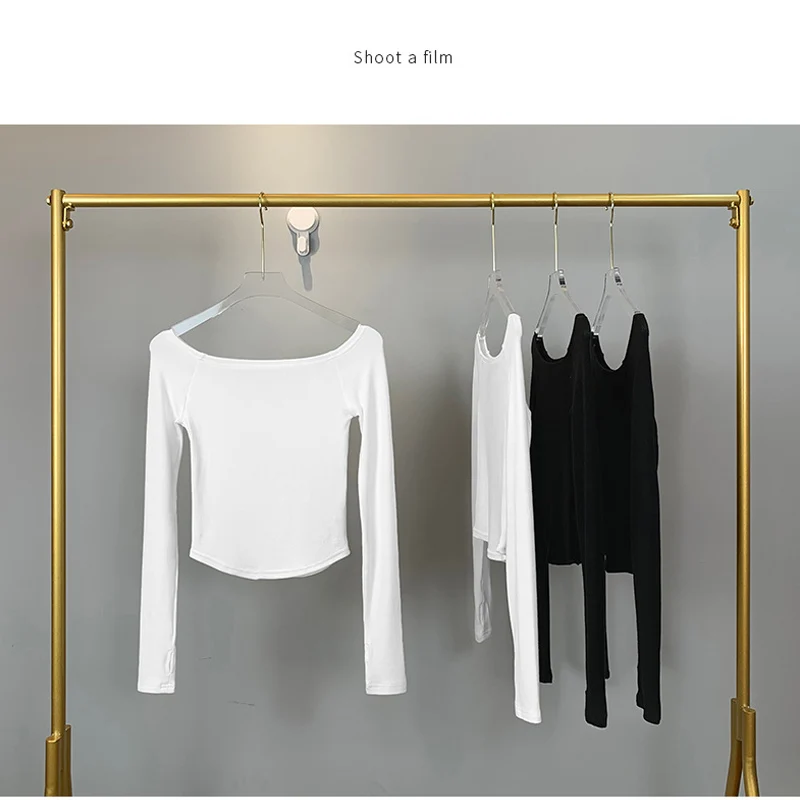 Women's Slim Fit Long Sleeve T-Shirt Cotton Crop Top Black White Slash Neck Tee Shirt Sexy Femme 2026