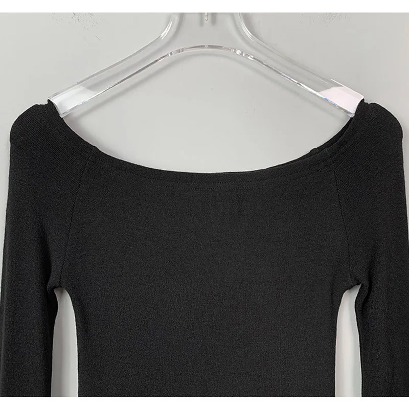 Women's Slim Fit Long Sleeve T-Shirt Cotton Crop Top Black White Slash Neck Tee Shirt Sexy Femme 2026