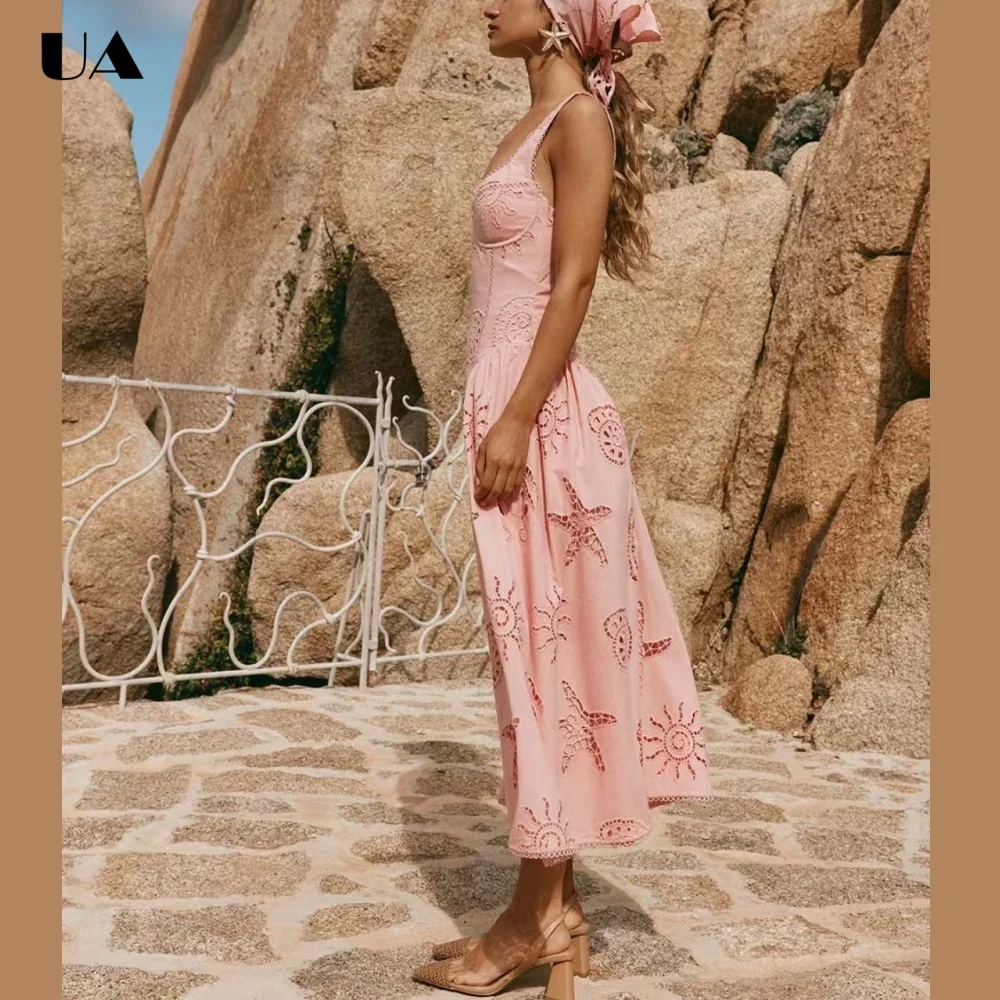 French Style A-line Hollow Out Long Dresses for Women, Vacation Style V-neck Maxi Dress, Fashionable Sleeveless Solid Dress