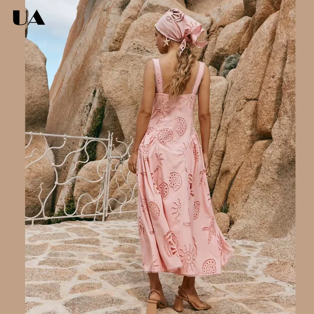 French Style A-line Hollow Out Long Dresses for Women, Vacation Style V-neck Maxi Dress, Fashionable Sleeveless Solid Dress