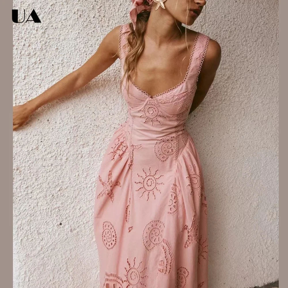 French Style A-line Hollow Out Long Dresses for Women, Vacation Style V-neck Maxi Dress, Fashionable Sleeveless Solid Dress