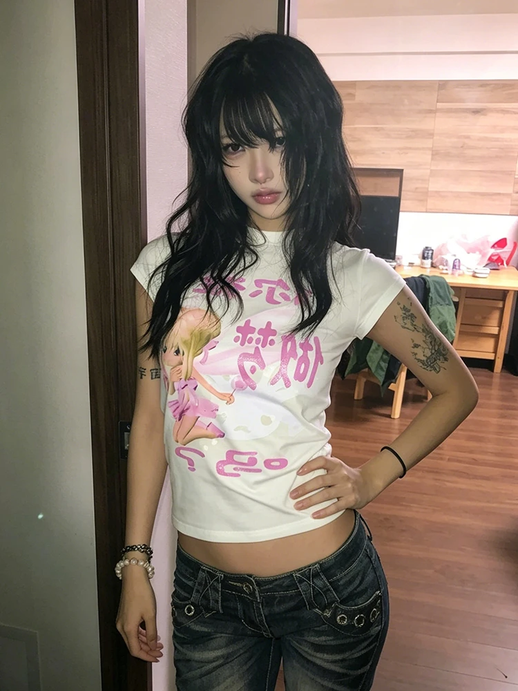 Tonngirls Y2k Japanese Print Graphic Tops Women Short Sleeve Cotton Tshirts Aesthetic 2000s Funny Casual Vintage Tops Korean