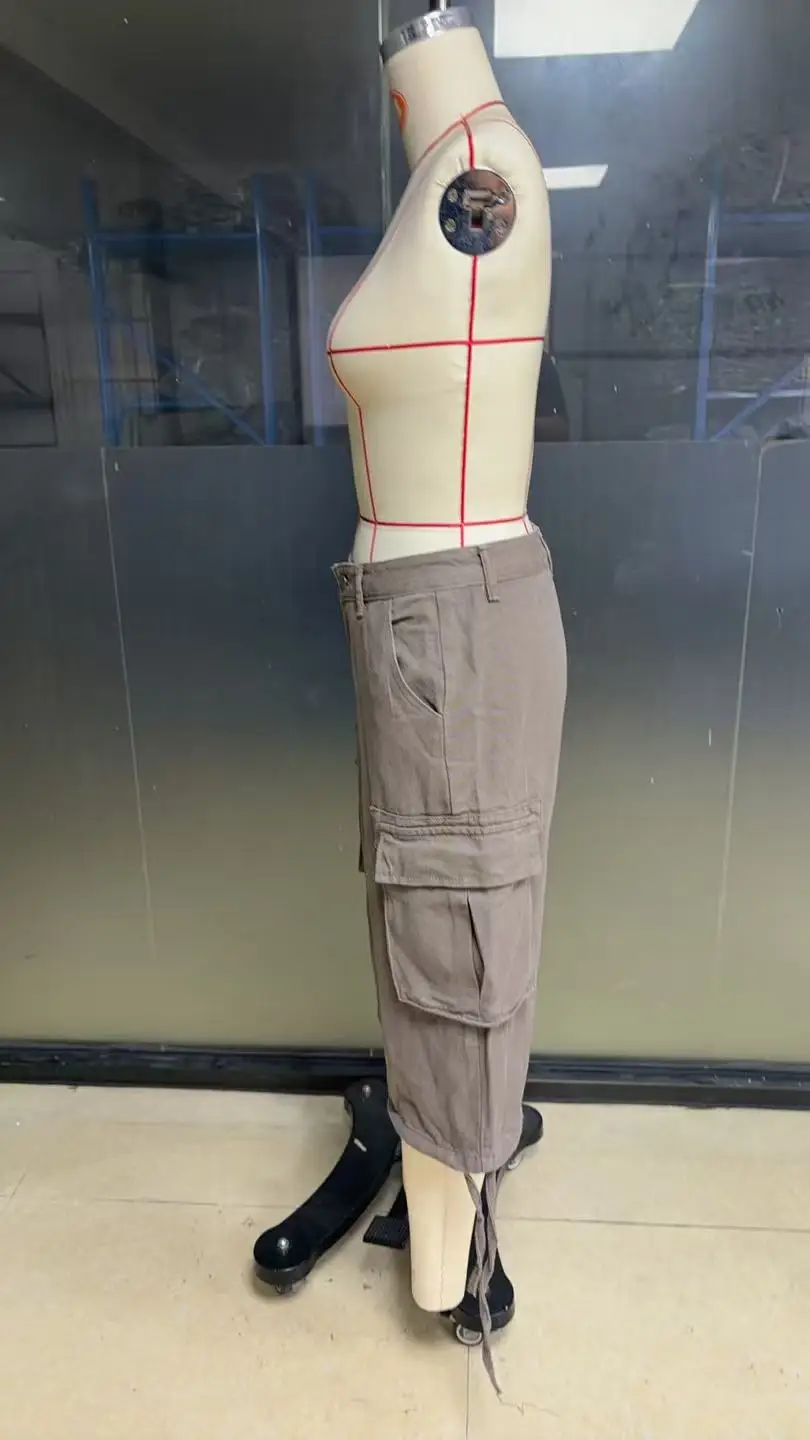 STYLISH LADY Vintage Baggy Cargo Capri Pants 2026 Women Camo Pocket Drawstring Hem Casual Loose Street Wide Leg Mid Jeans