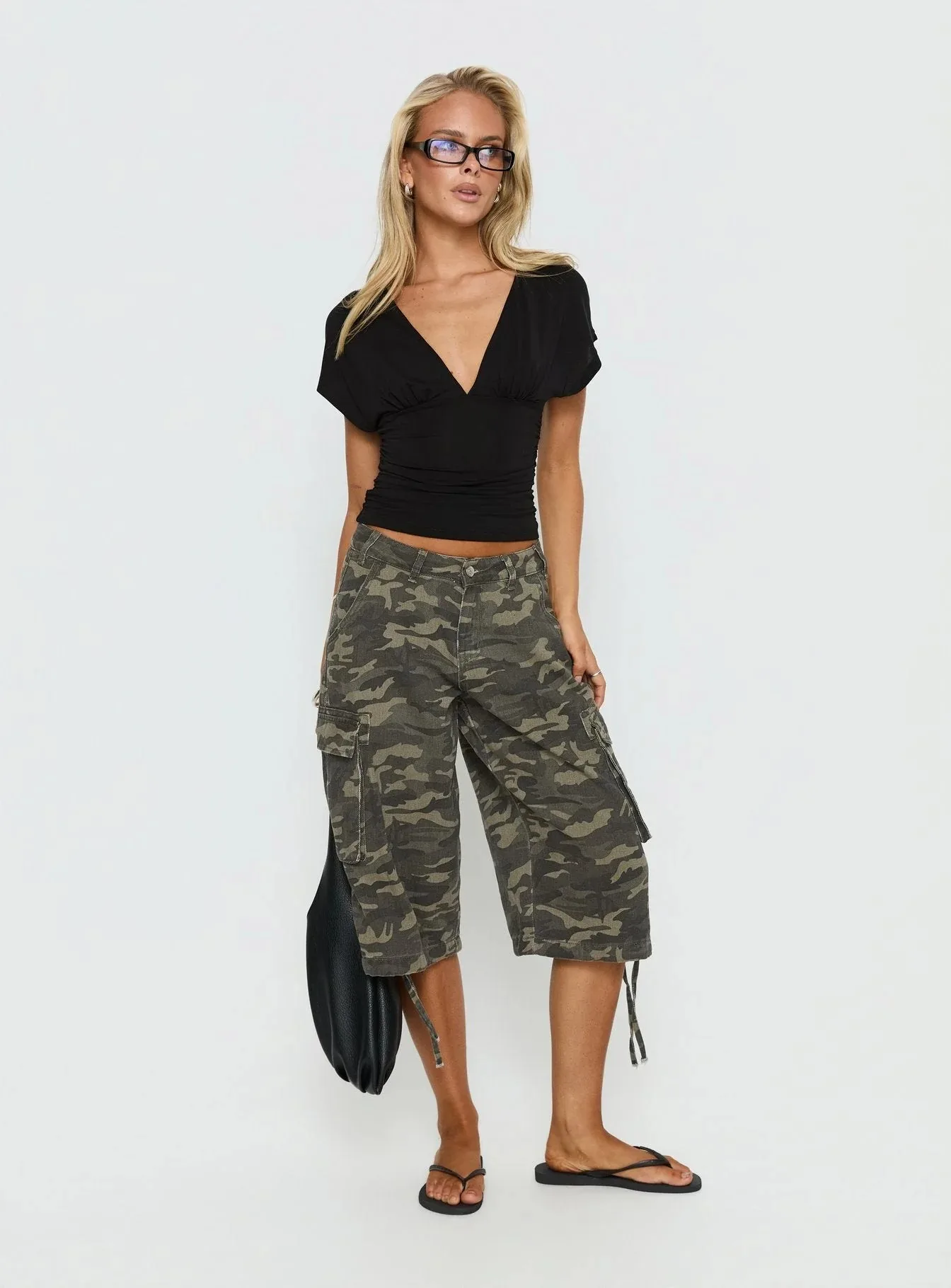 STYLISH LADY Vintage Baggy Cargo Capri Pants 2026 Women Camo Pocket Drawstring Hem Casual Loose Street Wide Leg Mid Jeans