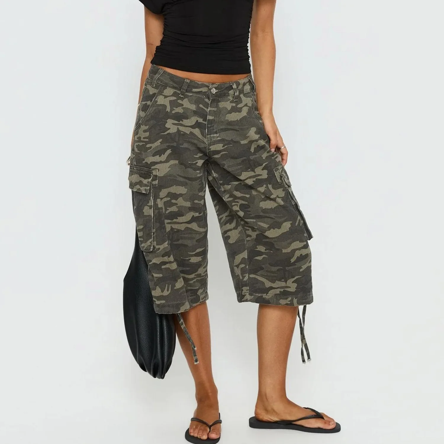 STYLISH LADY Vintage Baggy Cargo Capri Pants 2026 Women Camo Pocket Drawstring Hem Casual Loose Street Wide Leg Mid Jeans