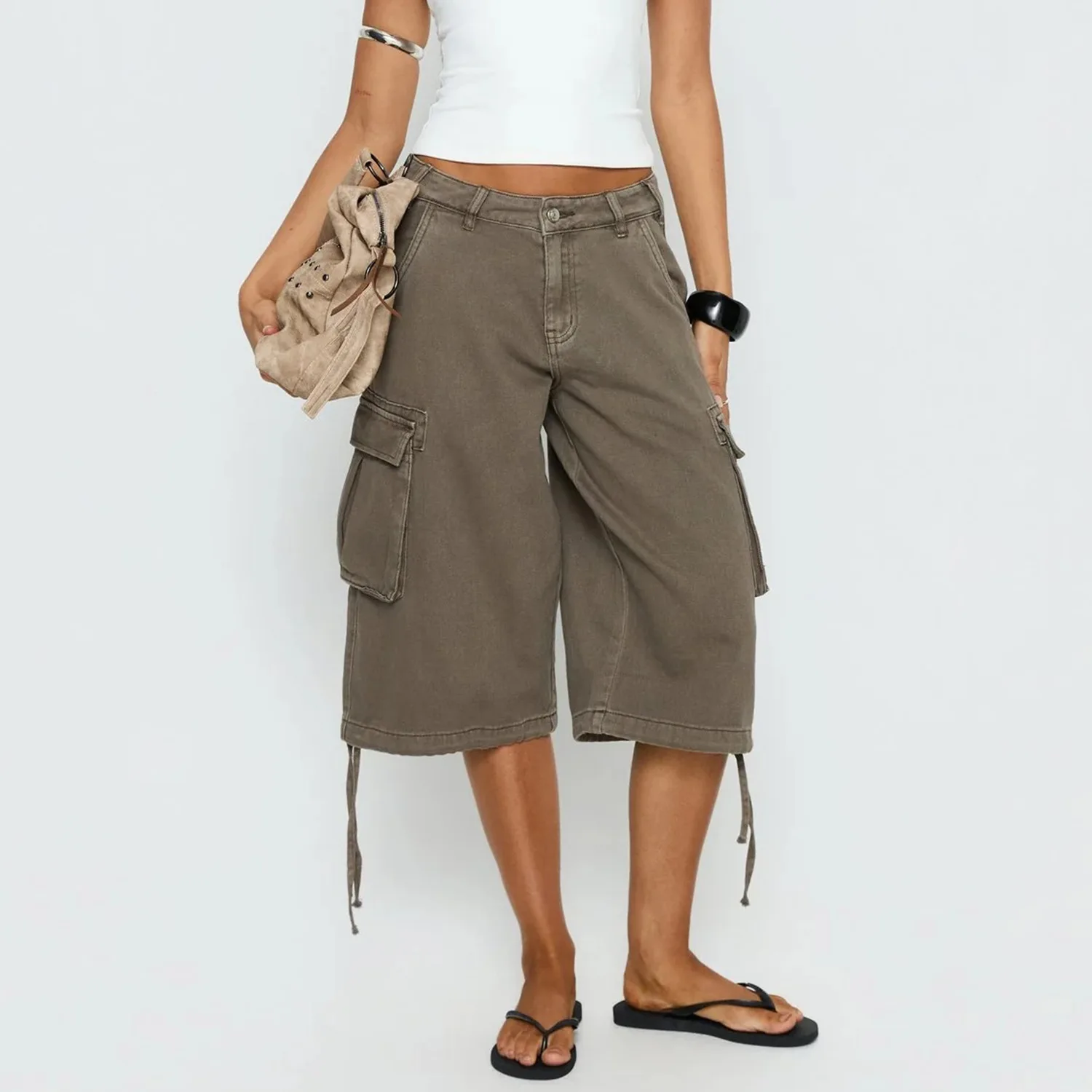 STYLISH LADY Vintage Baggy Cargo Capri Pants 2026 Women Camo Pocket Drawstring Hem Casual Loose Street Wide Leg Mid Jeans