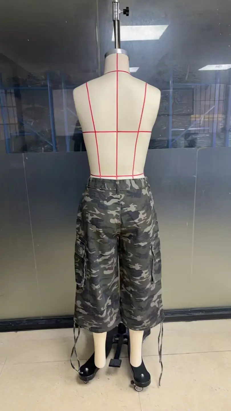 STYLISH LADY Vintage Baggy Cargo Capri Pants 2026 Women Camo Pocket Drawstring Hem Casual Loose Street Wide Leg Mid Jeans