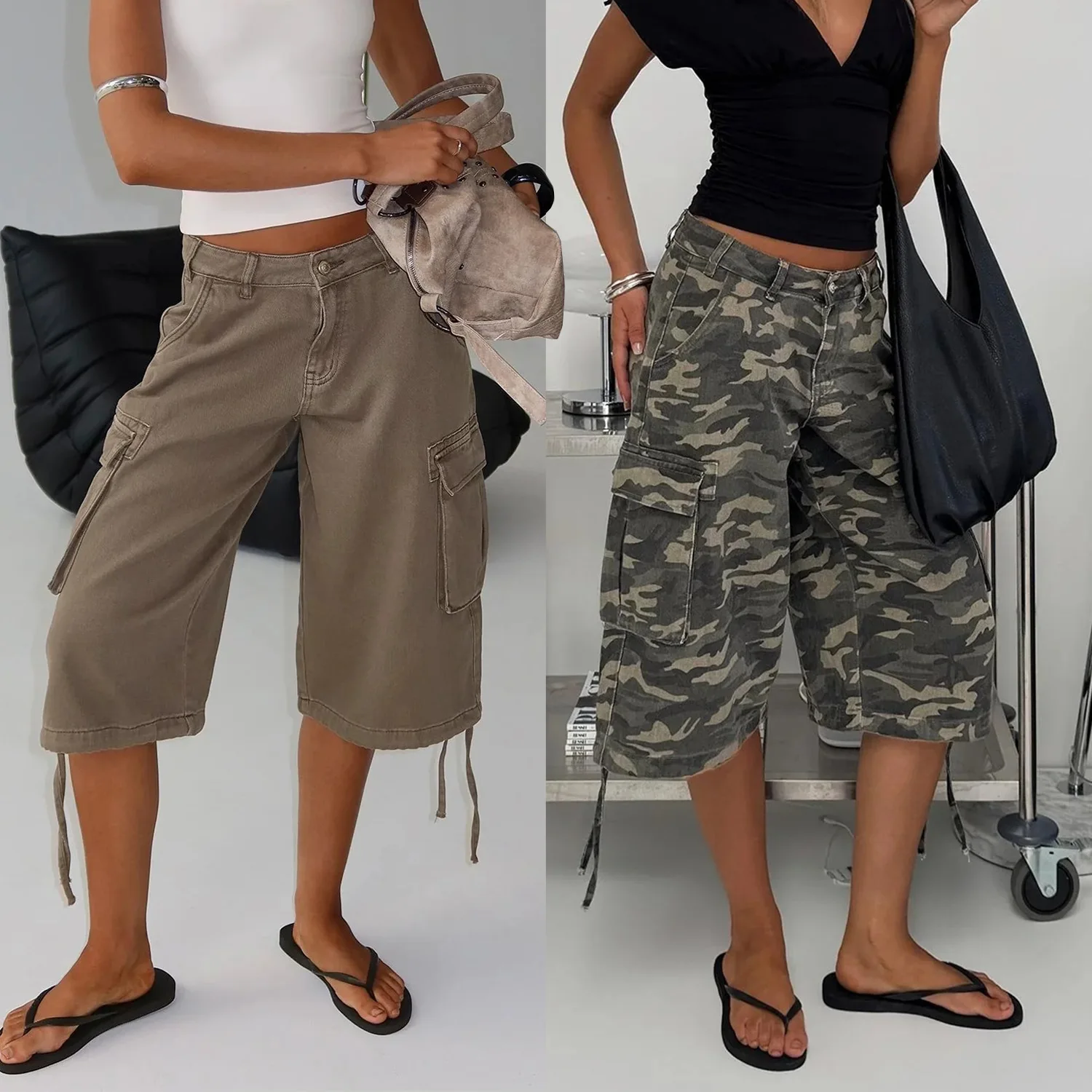STYLISH LADY Vintage Baggy Cargo Capri Pants 2026 Women Camo Pocket Drawstring Hem Casual Loose Street Wide Leg Mid Jeans