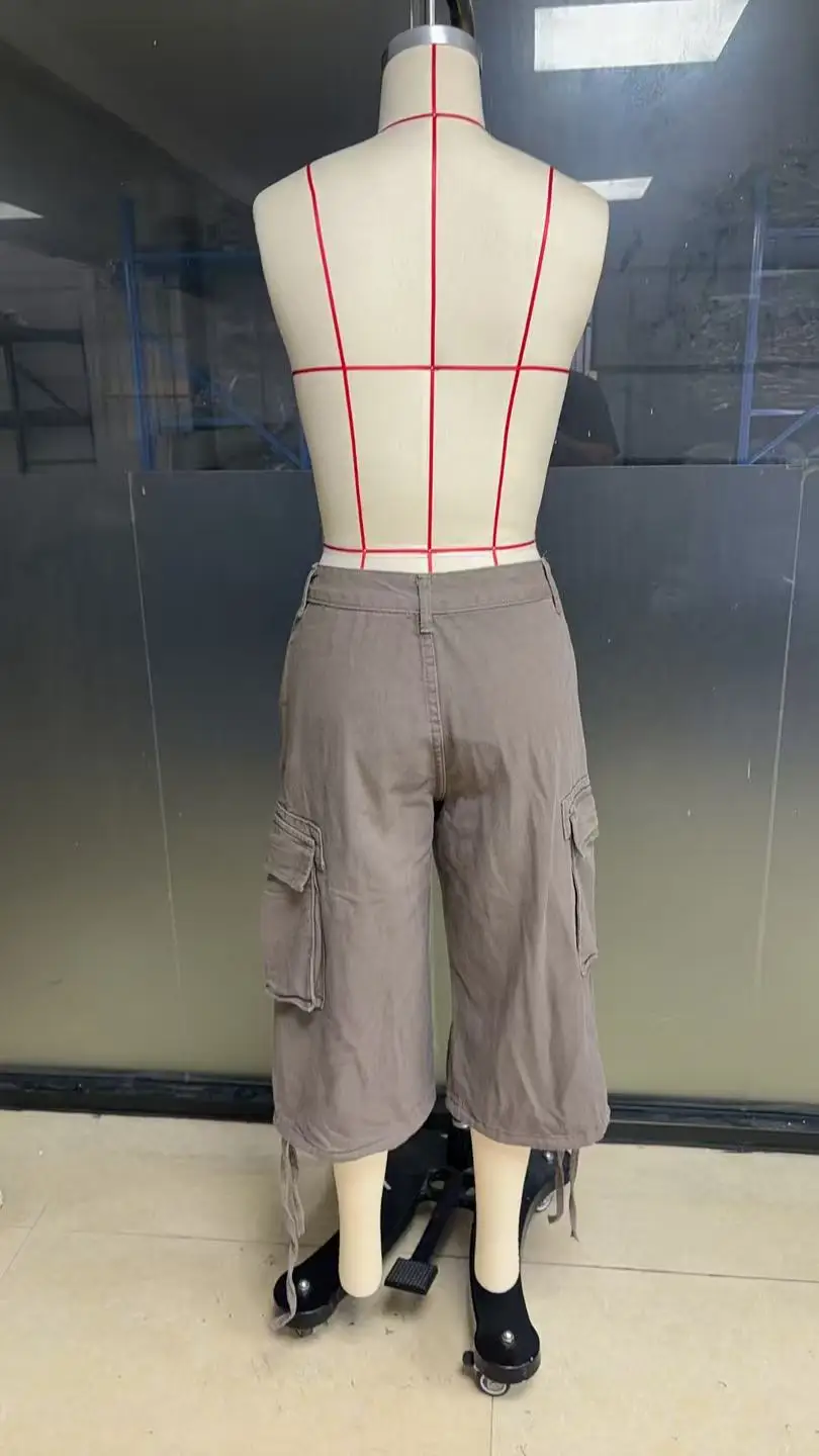 STYLISH LADY Vintage Baggy Cargo Capri Pants 2026 Women Camo Pocket Drawstring Hem Casual Loose Street Wide Leg Mid Jeans