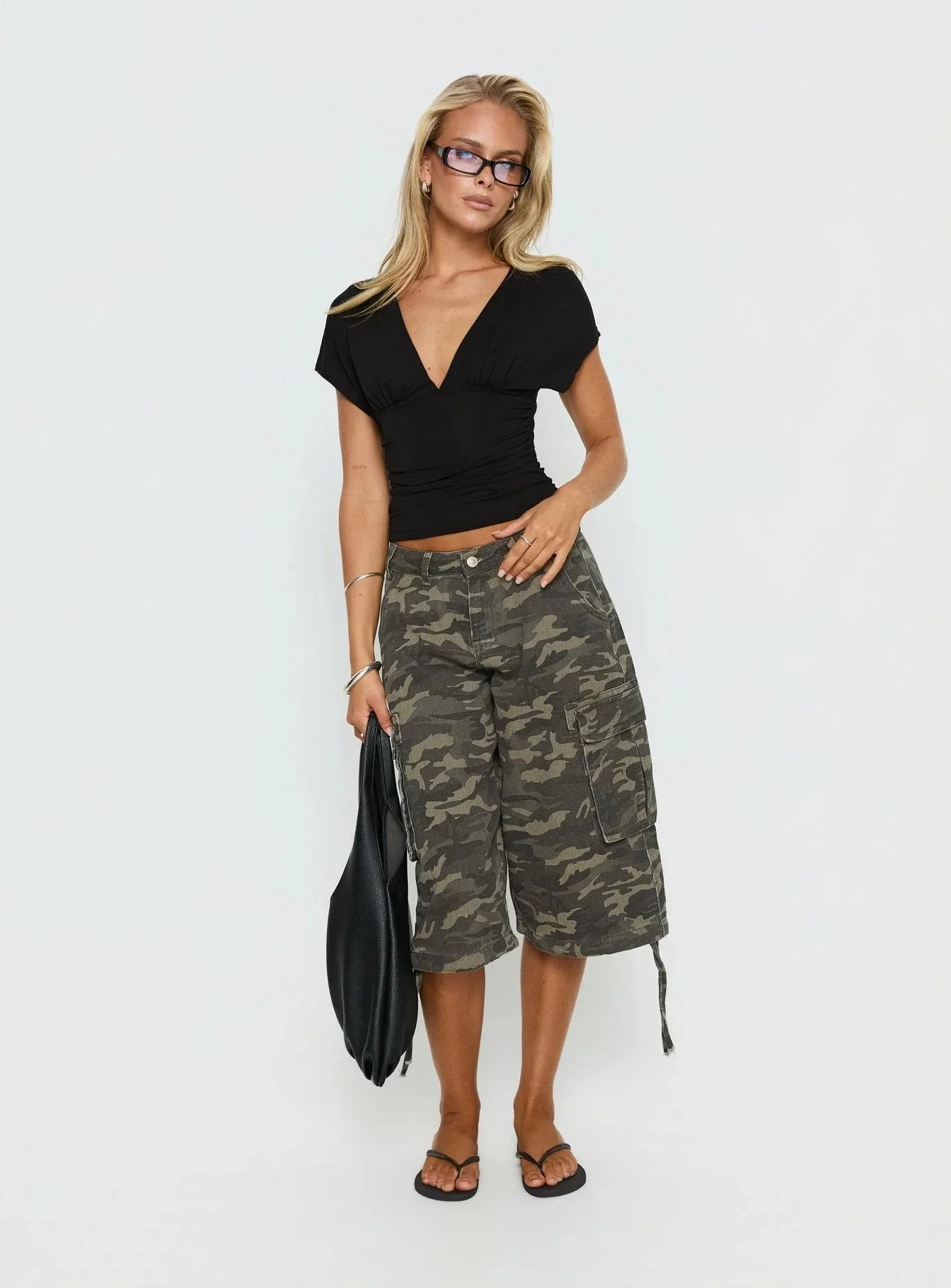 STYLISH LADY Vintage Baggy Cargo Capri Pants 2026 Women Camo Pocket Drawstring Hem Casual Loose Street Wide Leg Mid Jeans