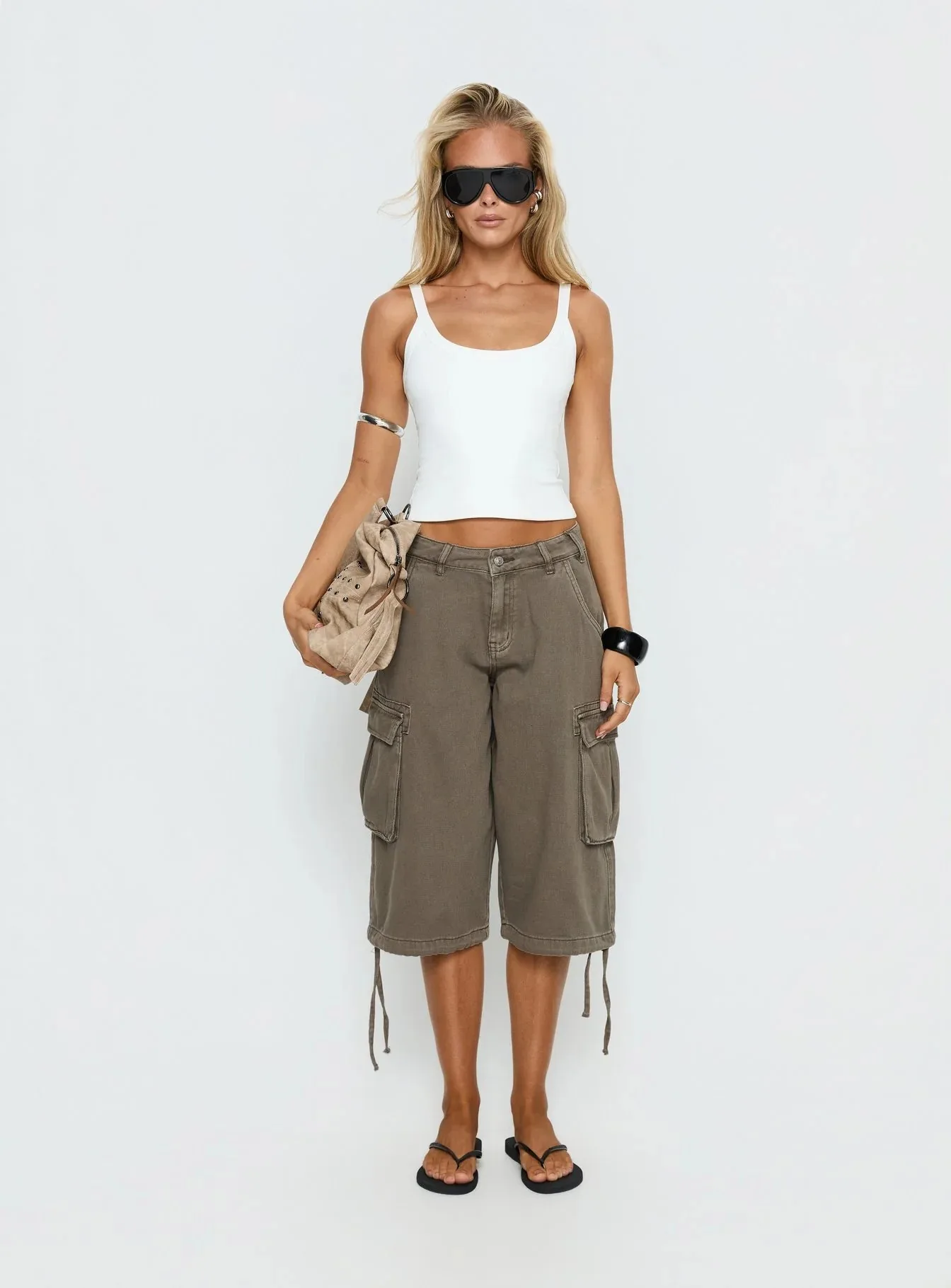 STYLISH LADY Vintage Baggy Cargo Capri Pants 2026 Women Camo Pocket Drawstring Hem Casual Loose Street Wide Leg Mid Jeans