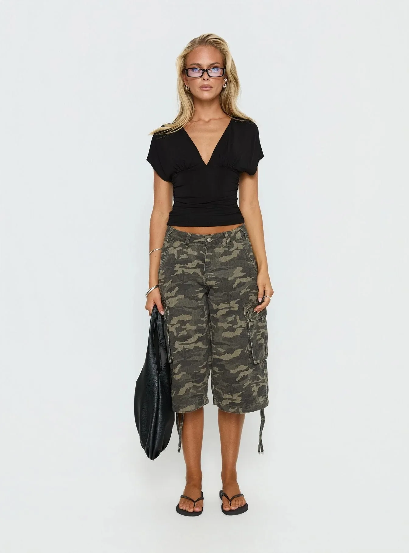 STYLISH LADY Vintage Baggy Cargo Capri Pants 2026 Women Camo Pocket Drawstring Hem Casual Loose Street Wide Leg Mid Jeans