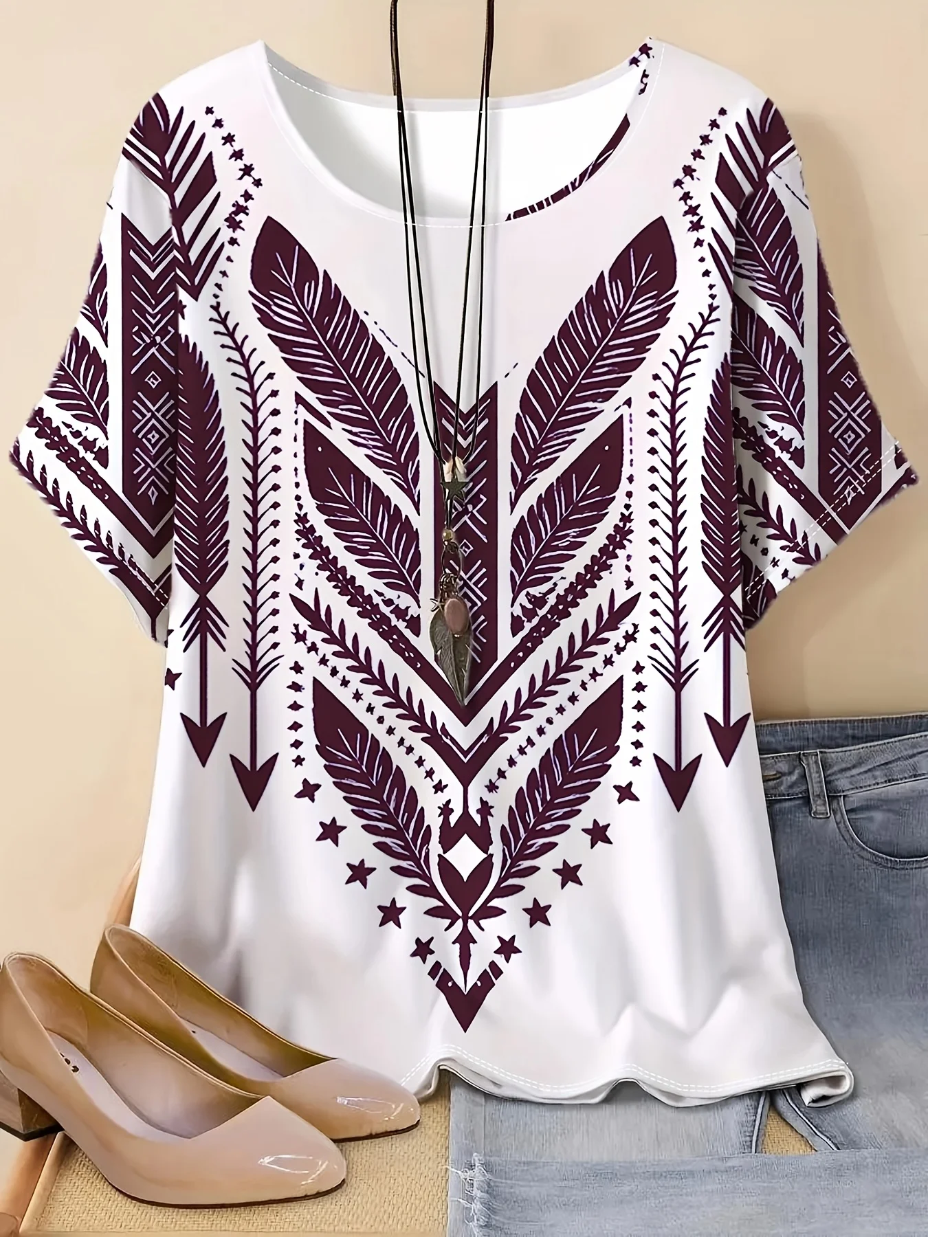 2026 Women's White Floral & Paisley Print Tie Neck Blouse Casual Loose Tops for Spring Summer Daily Wear & Vacation Occasions