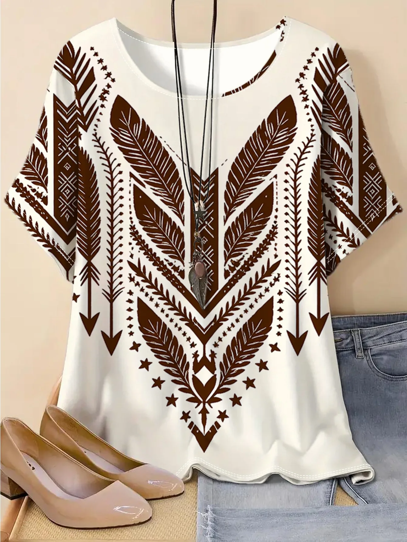 2026 Women's White Floral & Paisley Print Tie Neck Blouse Casual Loose Tops for Spring Summer Daily Wear & Vacation Occasions