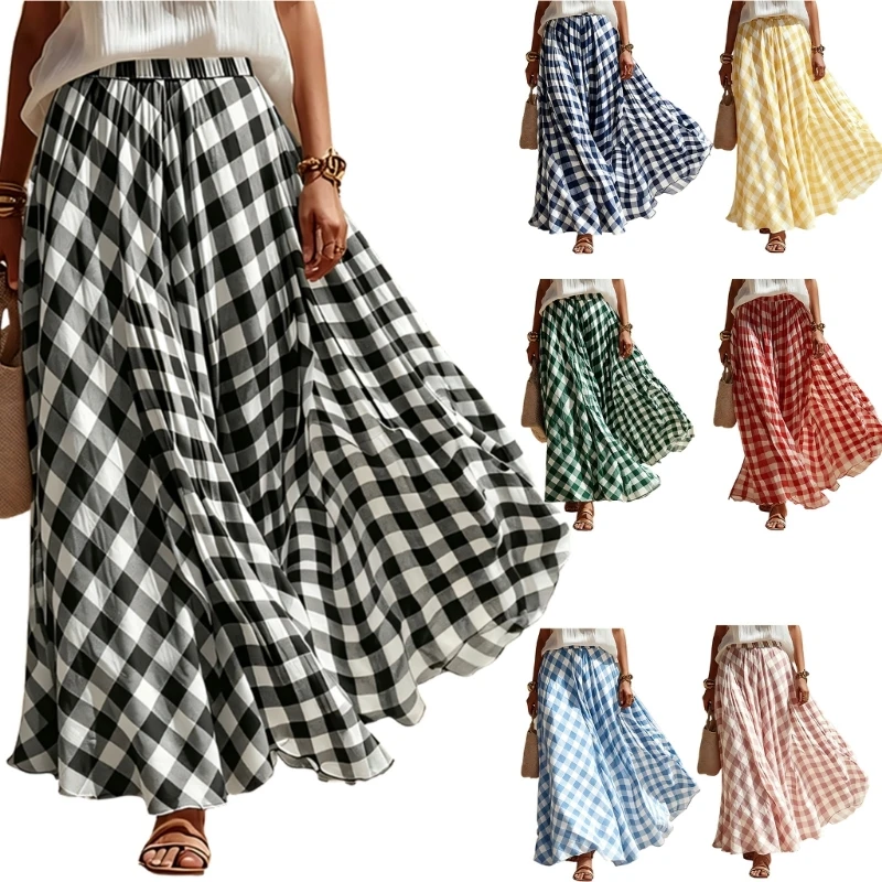 Checkered Pattern High Waist Skirt Casual Full Flared Elastic Waistband A Line Swing Maxi Long Skirt For Women 6XDA
