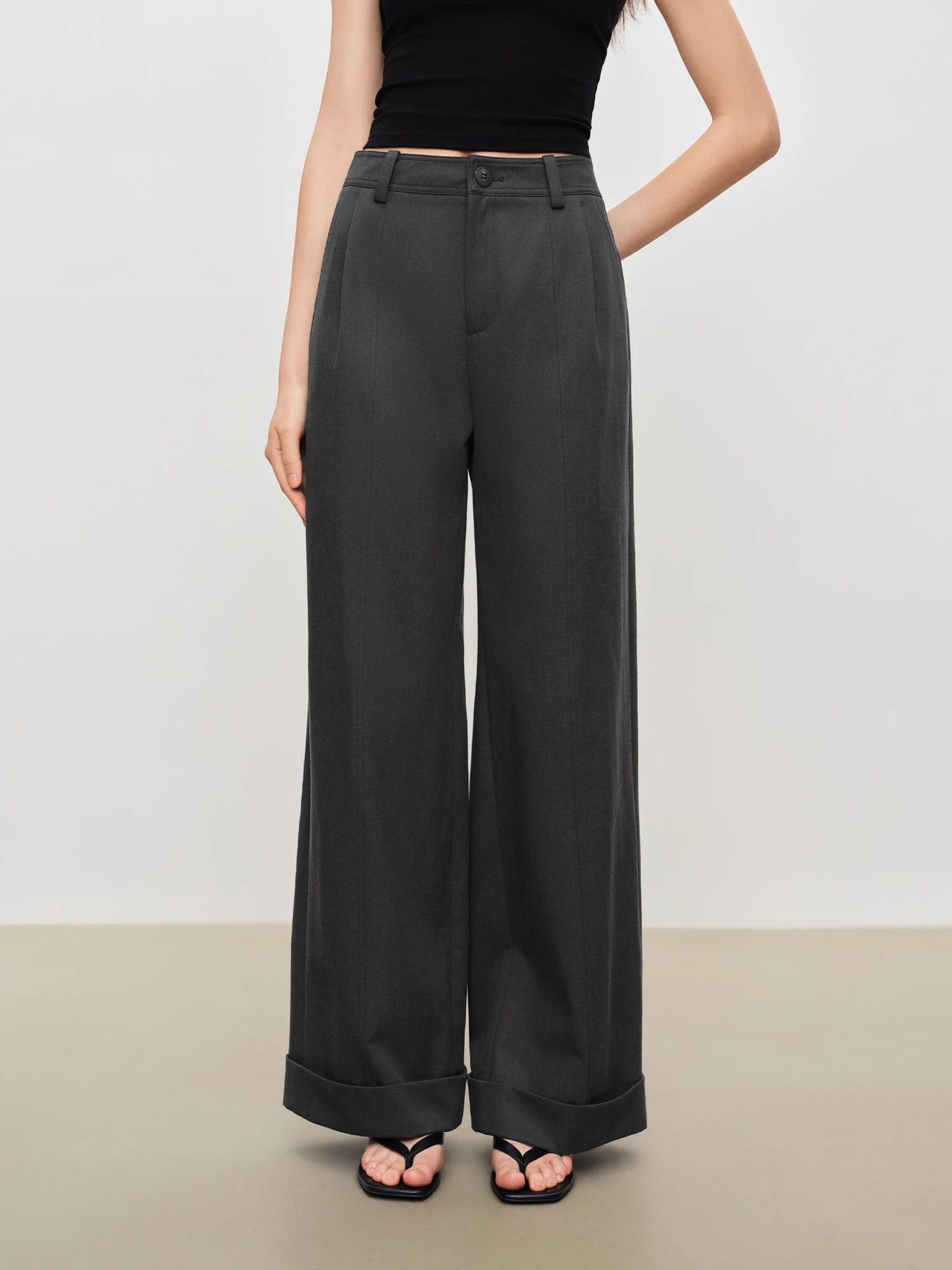 ZIQIAO Women's Lyocell Cotton Draped Straight Leg Casual Pants 2026 Summer New Gray Cuffed Trousers Khaki Deep Grey Pants