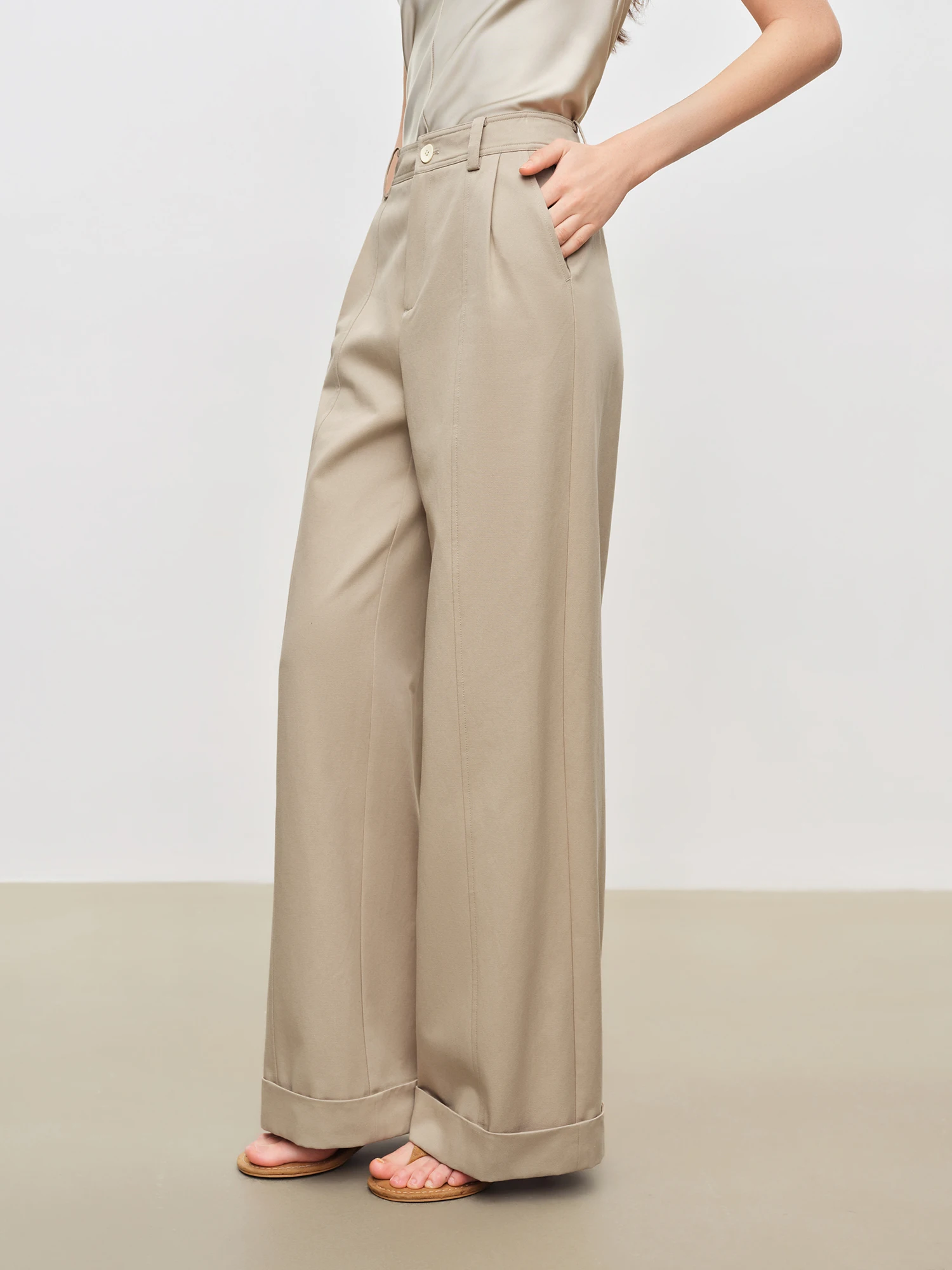 ZIQIAO Women's Lyocell Cotton Draped Straight Leg Casual Pants 2026 Summer New Gray Cuffed Trousers Khaki Deep Grey Pants