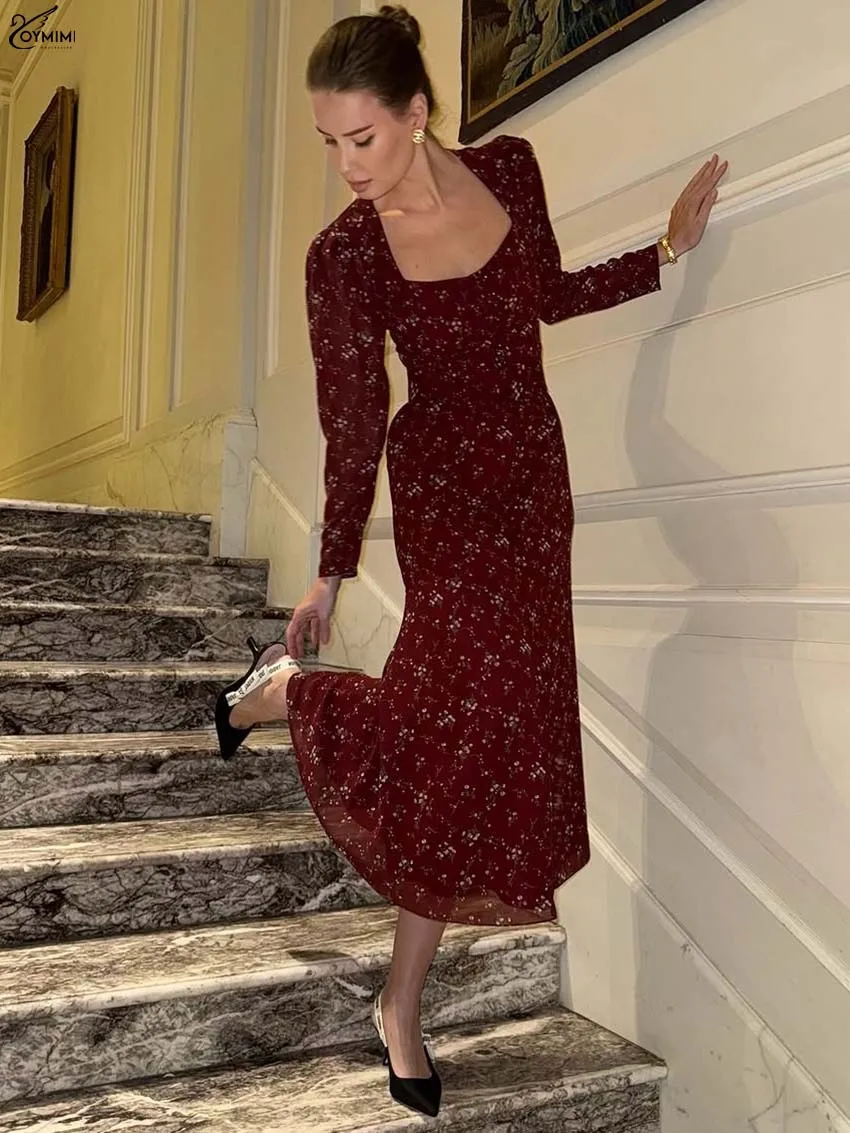 Oymimi Elegant Wine Red Print Women's Dress Fashion Wrist Sleeve Single Breasted Dresses Casual High Waisted Mid-Calf Dresses