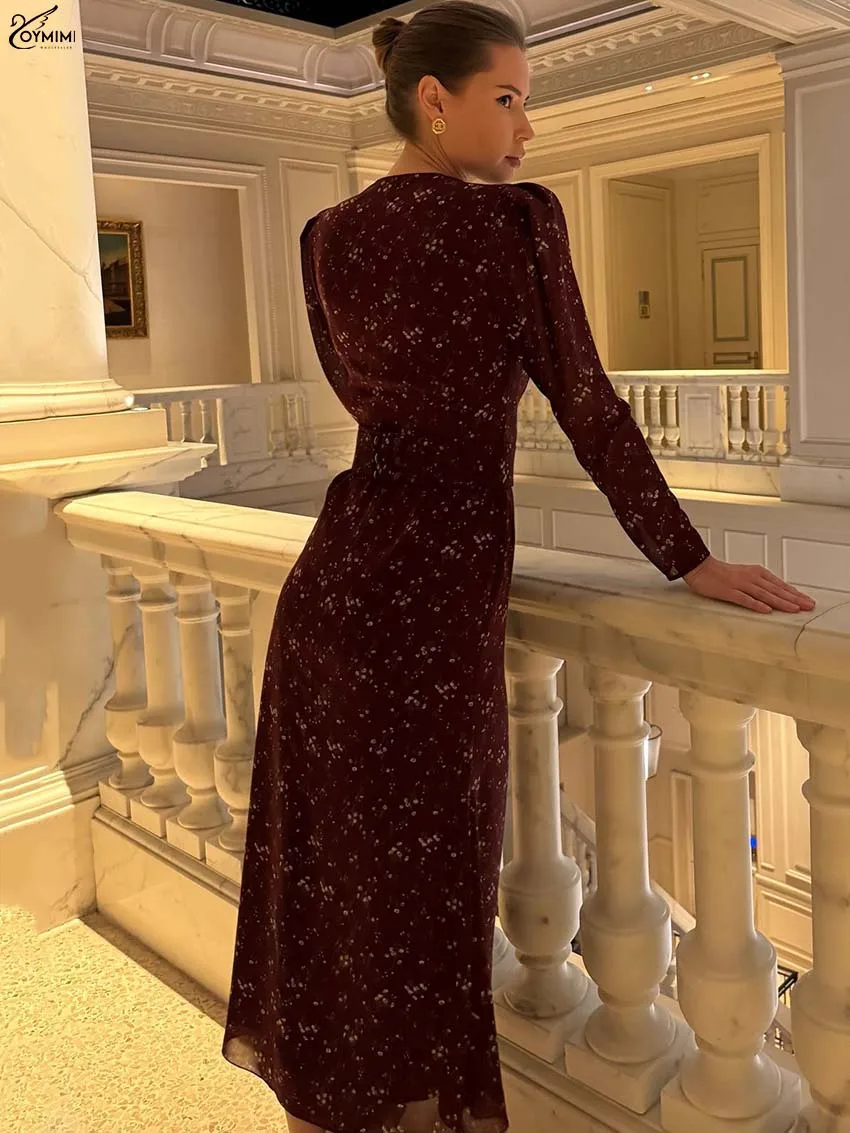 Oymimi Elegant Wine Red Print Women's Dress Fashion Wrist Sleeve Single Breasted Dresses Casual High Waisted Mid-Calf Dresses