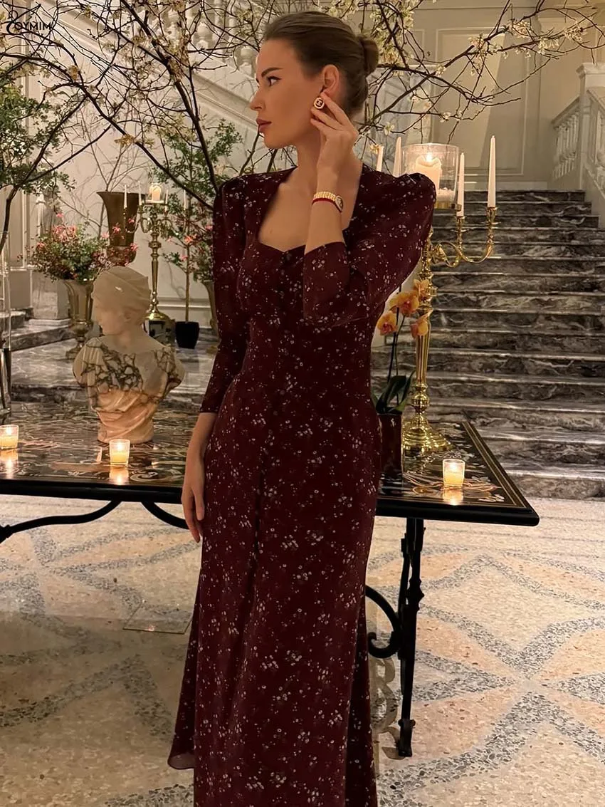 Oymimi Elegant Wine Red Print Women's Dress Fashion Wrist Sleeve Single Breasted Dresses Casual High Waisted Mid-Calf Dresses