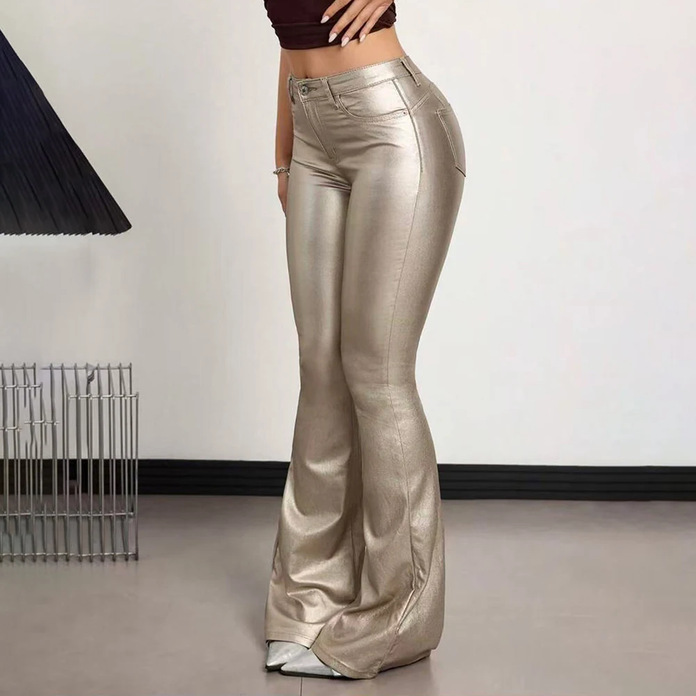 For Women For Night Out Y2K High Waist Leather Flared Pants Night Club Casual Outings Casual Wide Leg Leather Pants