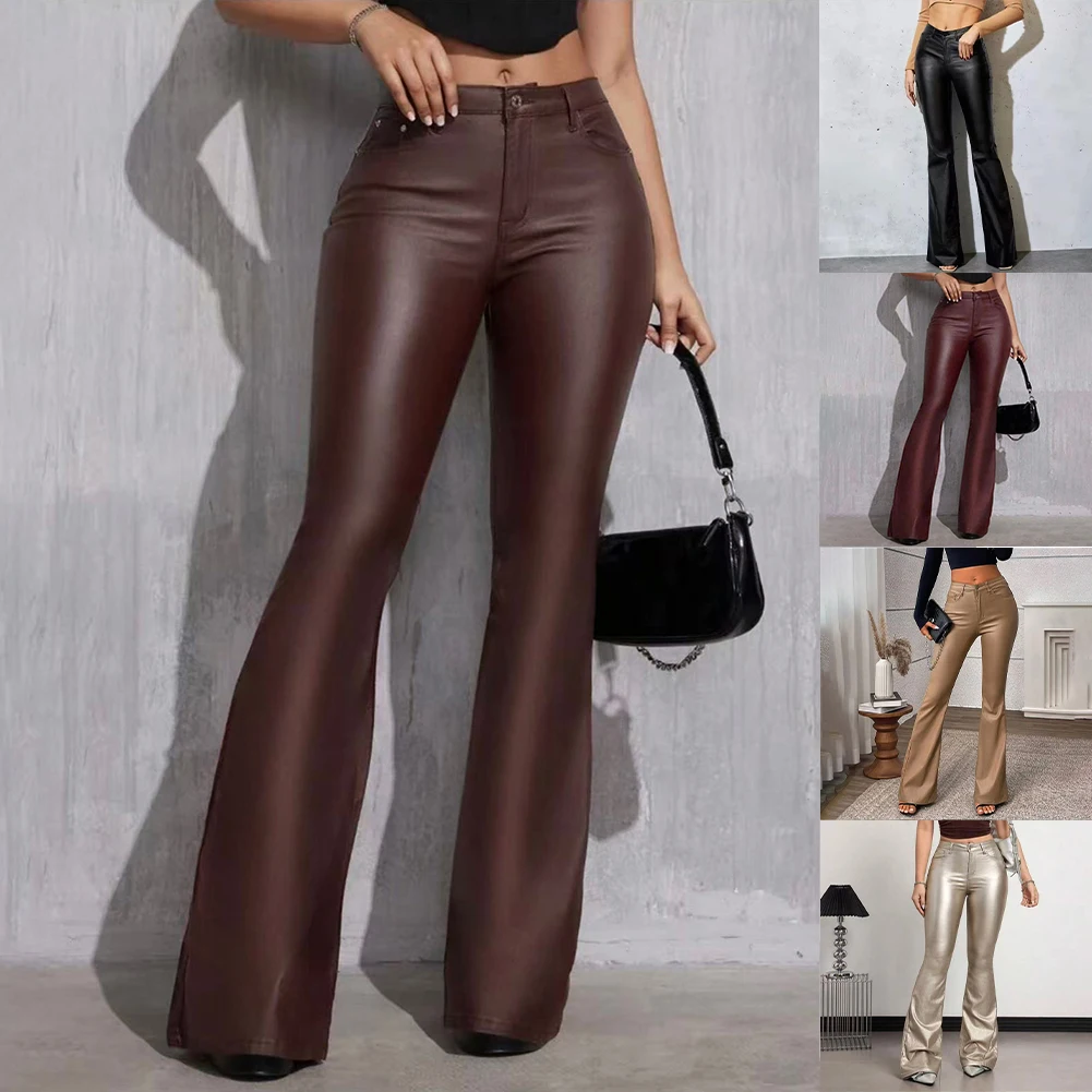 For Women For Night Out Y2K High Waist Leather Flared Pants Night Club Casual Outings Casual Wide Leg Leather Pants
