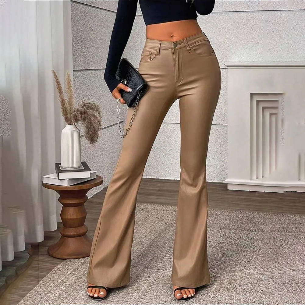 For Women For Night Out Y2K High Waist Leather Flared Pants Night Club Casual Outings Casual Wide Leg Leather Pants