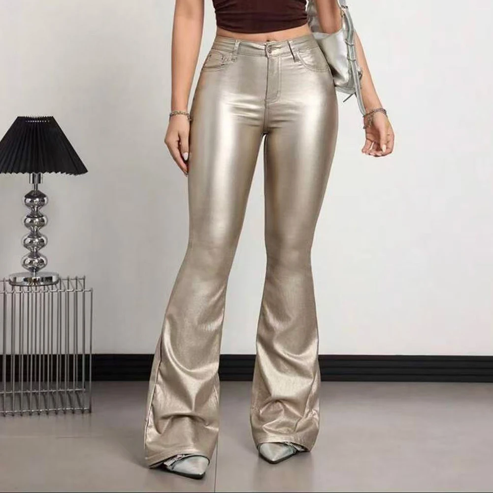 For Women For Night Out Y2K High Waist Leather Flared Pants Night Club Casual Outings Casual Wide Leg Leather Pants