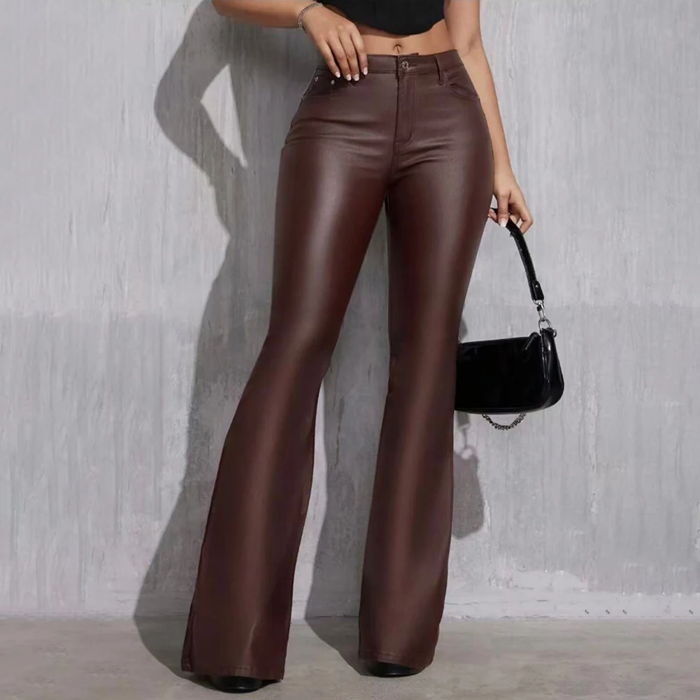 For Women For Night Out Y2K High Waist Leather Flared Pants Night Club Casual Outings Casual Wide Leg Leather Pants